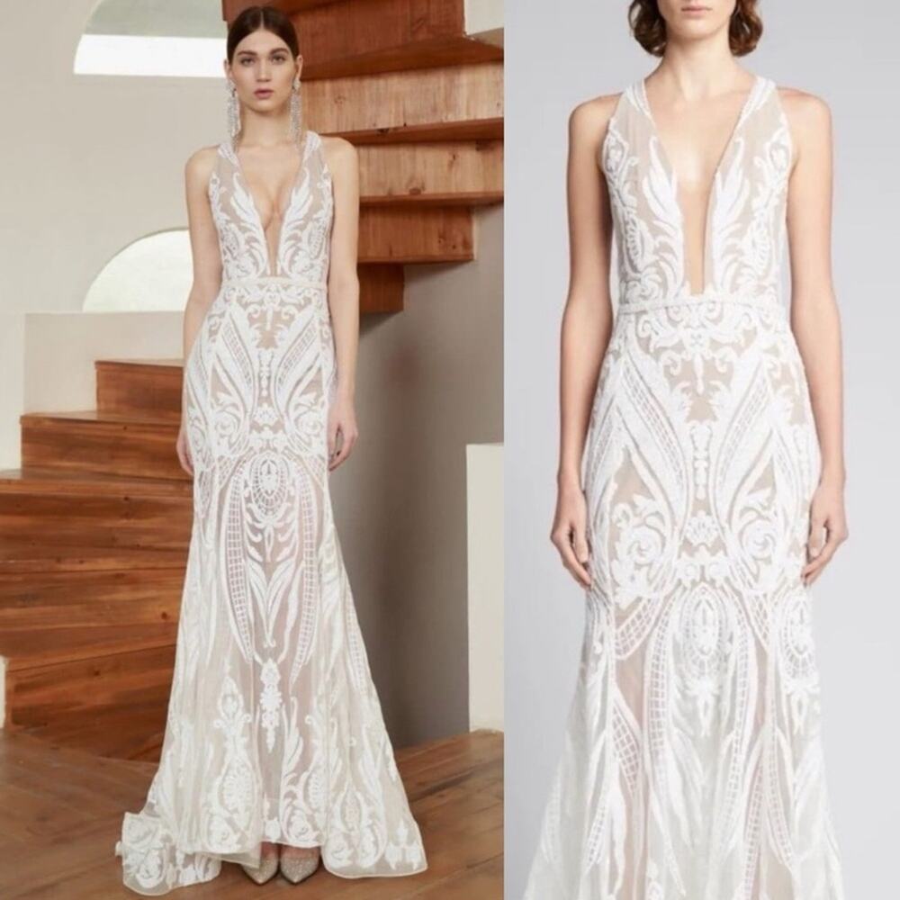 BRONX & BANCO Ester Sequin & Bead Embellished Plunge Neck Gown